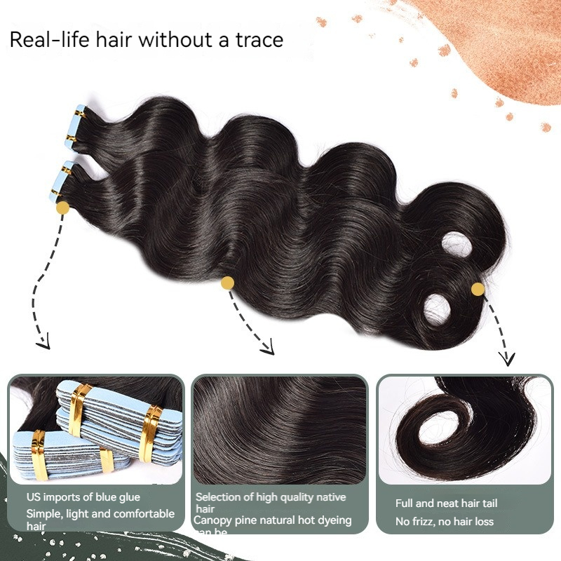 Human hair tape hair extensions for a transformative effect, adding length and volume in a straight texture